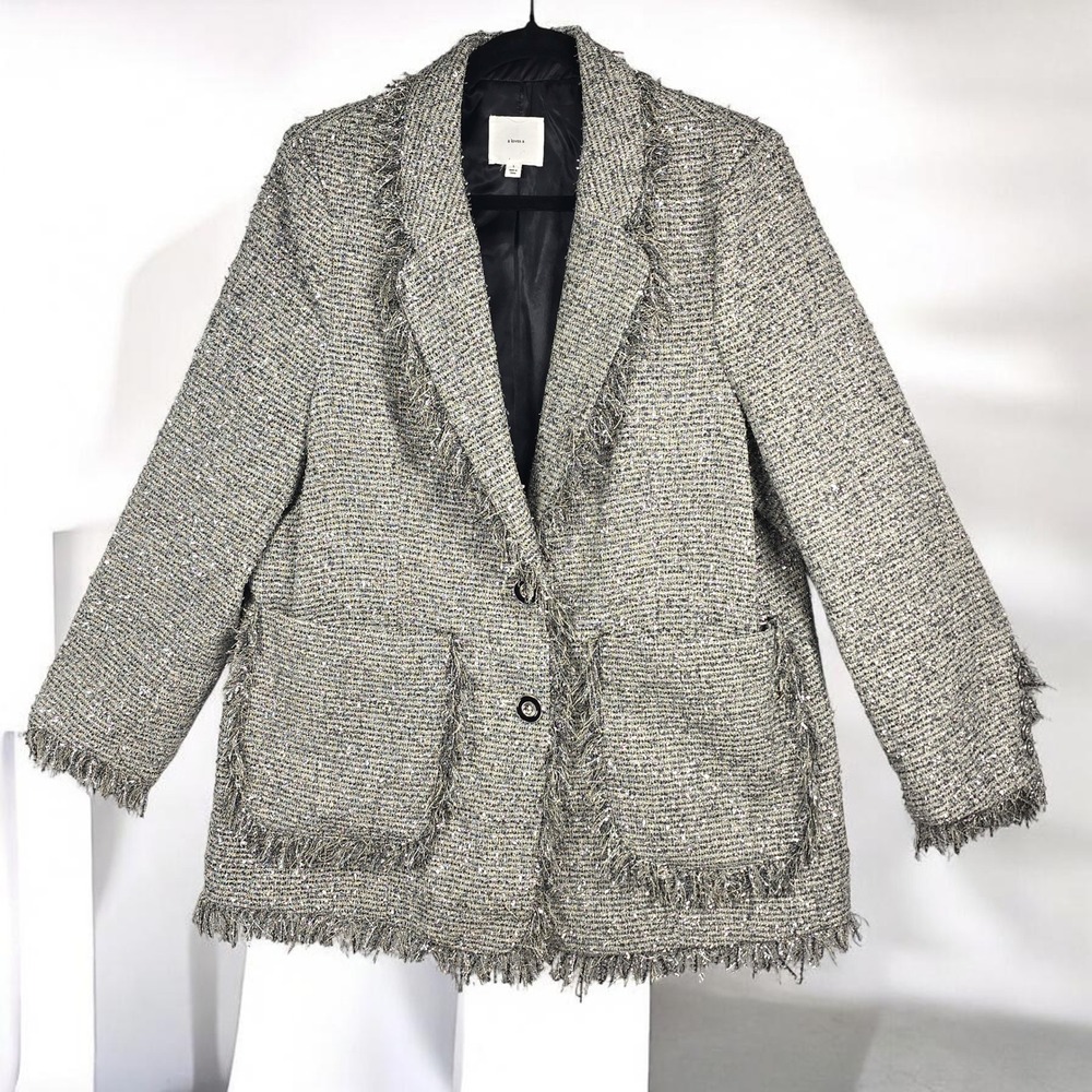 A Loves A Blazer Jacket Woman Large Silver Black Metallic Tweed Fringe 2 Button